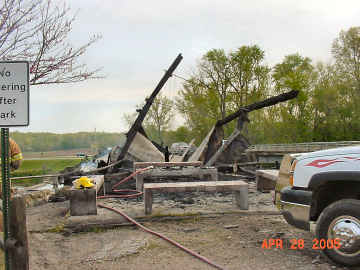 Bridgeton Covered Bridge fire Photo by Cathy Harkrider May 28, 2005